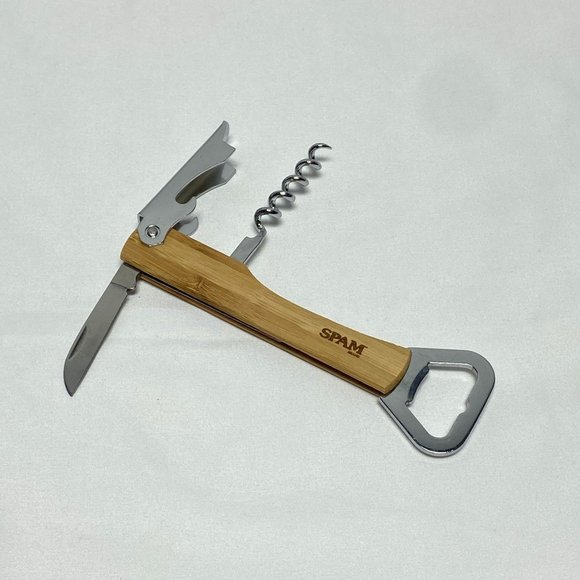 Set of 2  Spam Advertising Wood Metal Keychain Bottle Opener and Multi Tool - Picture 8 of 11